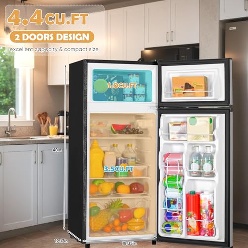 4.4 Cu.Ft Mini Fridge with Freezer, Small Fridge with 2 Doors for Office, Kitchen, Dorm and Bedroom, Mini Refrigerator with Adjustable Shelves (Silver)
