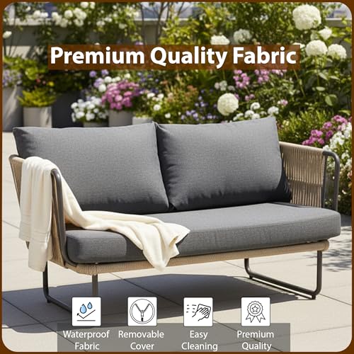 Image of Amazon Brand - Solimo Harbor Outdoor Rope Sofa Set | Balcony Sofa | Patio Conversation Sets | Braided Rope Garden Sofa Set and Table (4 Seater- Beige+Grey)