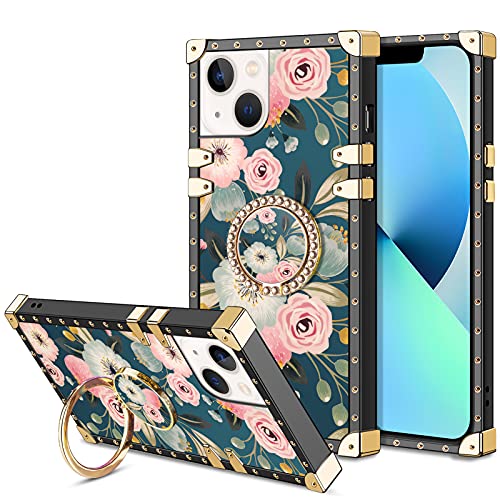 HoneyAKE for iPhone 13 Square Case with Kickstand Women Girls Soft TPU Shockproof Protective Heavy Duty Metal Cushion Reinforced Corner Phone Case Cover Bumper Compatible with iPhone 13 6.1inch Flower