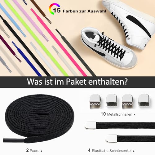 Stepace 2 Paar Elastische Schnürsenkel ohne Binden - 6mm Flache Gummibänder mit Kapselverschluss, Schnellschnürsystem für Sneaker & Sportschuhe, No Tie Laces Kinder Erwachsene Schwarz 120