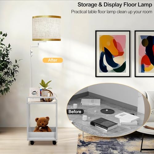 Image of Lightdot 63IN Floor Lamps with Table&Basket, Modern Standing Tall Lamps with Adjustable Fabric Shade and Movable Casters, End Table Lamp for Living Room /Sofa Beside /Corner Decor-White(Bulb Included)