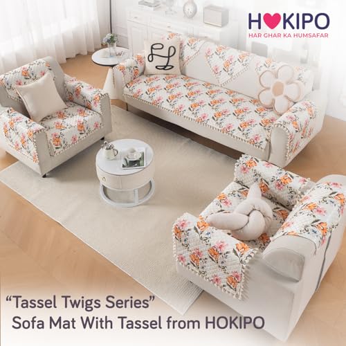 Image of HOKIPO Painterly Floral 2 Seater Quilted Sofa Cover Mat with Tassels 'Tassel Twigs' Series (IN-983-T8)