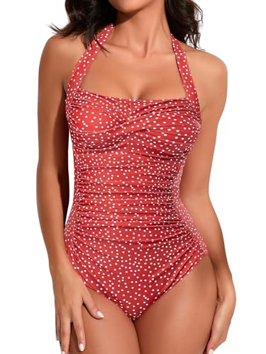 Model wearing  Smismivo Tummy Control Swimwear Halter One Piece Slimming