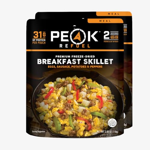 Peak Refuel Breakfast Meals | Freeze Dried Backpacking, Camping & Emergency Prep Food | 2 Servings Pouches (2-Pack, Skillet)