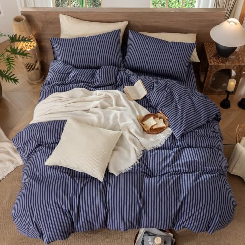 Image of MooMee Striped Duvet Cover Set 100% Washed Cotton Linen Like Queen | Relaxed Linen-like Texture. Soft, Breathable & Long-lasting Comfort. Lightweight. Hidden Zipper with 8 Interior Corner Ties
