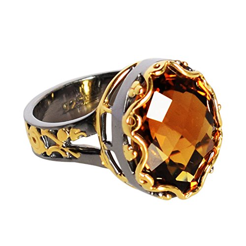 Bague rhodium noir pierre précieuse quartz champagne anti-ternissement 925