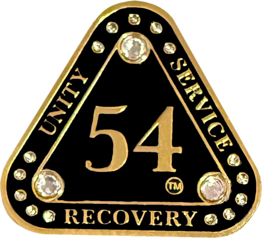 (1-55 Years) AA 54-Year "Midnight Crystals" Triangle Coin - Alcoholics Anonymous Medallion, AA Sobriety Medallion, Triangular Sobriety Chip, Clear Crystals, Golden, Black Rainbow Glitter