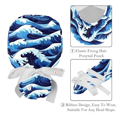 Image of 2 PCS Bouffant Cap with Button Ponytail Pouch Working Cap Sweatband Adjustable Surgical Cap Black and White Cow