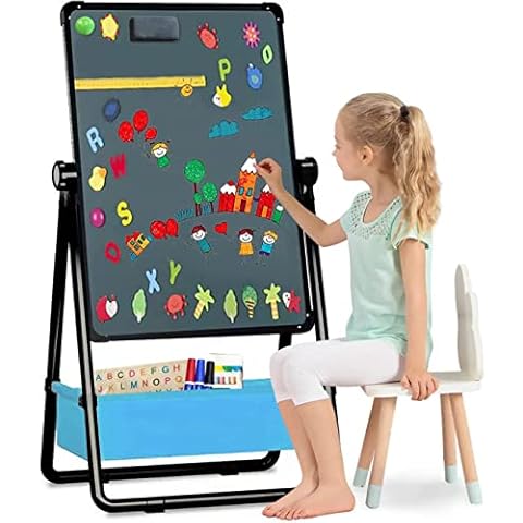 Staffelei für Kinder,Doppelseitiger Maltafel aus Eisen,um 360 Grad Drehbare Magnetische Kreidetafel,Höhenverstellbare Staffelei,mit Alphabet, Stift und Aufbewahrungstasche Cover