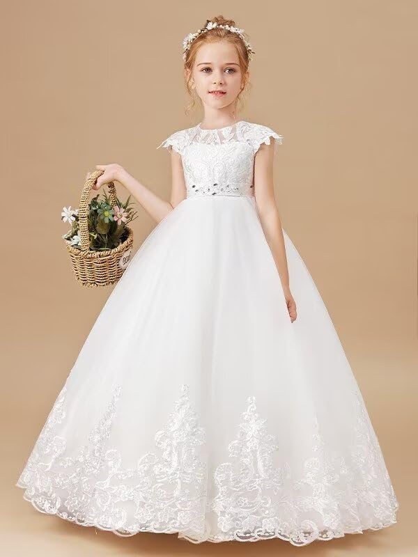 Ball Gown Flower Girl Dresses Tulle Applique Scoop Short Sleeves Ankle Length Princess Birthday Gowns3