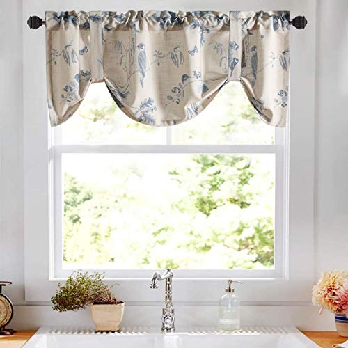 Leeva Blue Tie-Up Curtains Valances For Kitchen Windows, Birds Print Pattern Linen Rod Pocket Textured Small Curtain For Bathroom, One Panel, 52X18 #TOP1