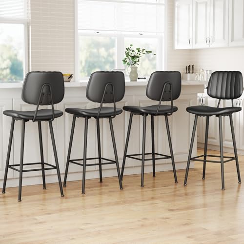 Image of Raynesys 29-Inch Leather Bar Stools Set of 4 with High Backrest, Black