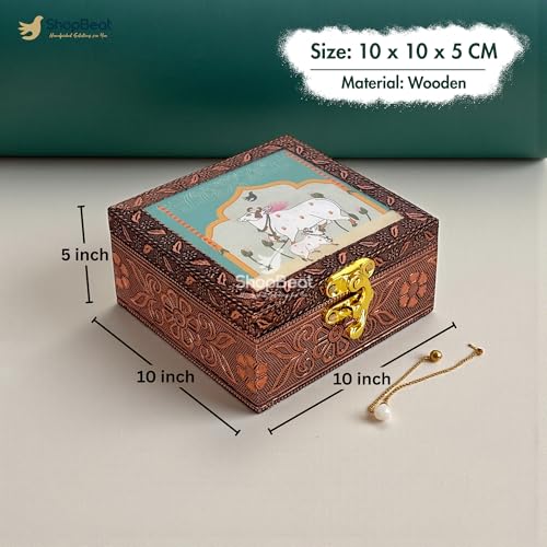 Image of Wooden Jewellery Box for Women - Sacred Teal | Handcrafted Pichwai Design with Lock | 4x4 Inch Organizer for Earrings Rings | Return Gift for Wedding Diwali Pooja