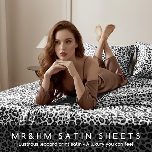 Image of MR&HM Satin Sheets with Elastic Corner Straps, Queen Size Sheets Set, 4 Pcs Silky Bedding Set with 15 Inches Deep Pocket for Mattress (Queen, White Leopard)