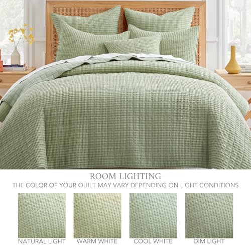 Image of Levtex Home Mills Waffle Queen Bedspread Set (104x106in) with 2 Pillow Shams (26x20in) - Desert Sage - 100% Cotton Queen Size Bedspread Set - Lightweight, Soft, Pre-Washed