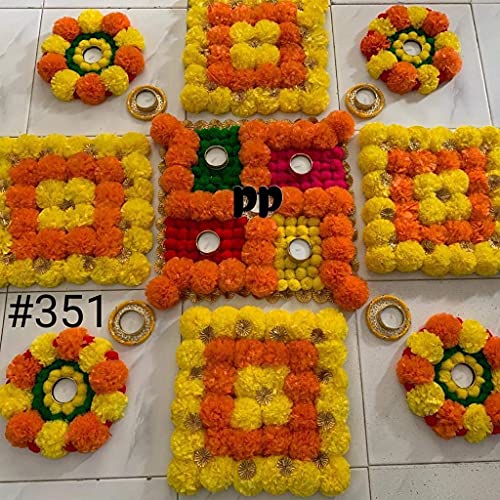 Image of Artificial Marigold Flower Multicolor Satiyan Mat Rangoli Aasan Tea Light Diya Holder For Diwali & Festival Decoration,Cotton