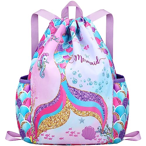 RHCPFOVR Drawstring Backpack for Kids - Mermaid Bags for Girls Gym Dance Beach Swim Travel Bag With...