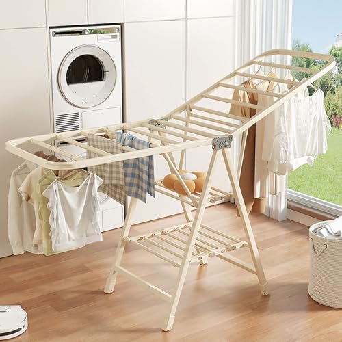 Tendedero Plegable Blanco lechoso con polea Oculta, tendedero Multifuncional de pie de Acero al Carbono para balcón, Interior y Exterior, 2 Niveles.
