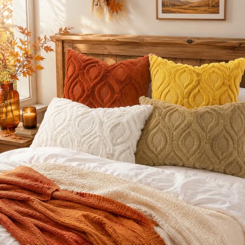 Image of decorUhome Fall Throw Pillow Covers 20x20 Inch Set of 2, Soft Plush Faux Wool Mustard Yellow Solid Couch Pillow Covers, Accent Farmhouse Neutral Square Pillow Cases for Sofa Bed Living Room
