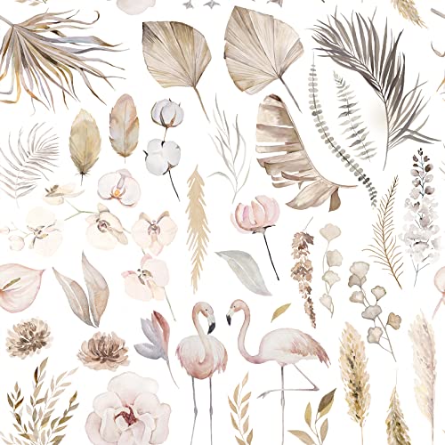 VEELIKE Papel Pintado Flores Blanco Acuarela Flamenco Rosa Papel Pared Hojas Tropicales Fotomurales Decorativos Pared Salon Papel Adhesivo para Muebles Papel Tapiz Floral Dormitorio Baño 44,5cmx300cm