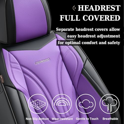 Image of Coverado Car Seat Covers Front Seats, 2 Piece Car Seat Protector with Lumbar Support & Removable Headrest, Breathable Leather Seat Cushion Universal Fit for Truck Automotive Vehicles Purple