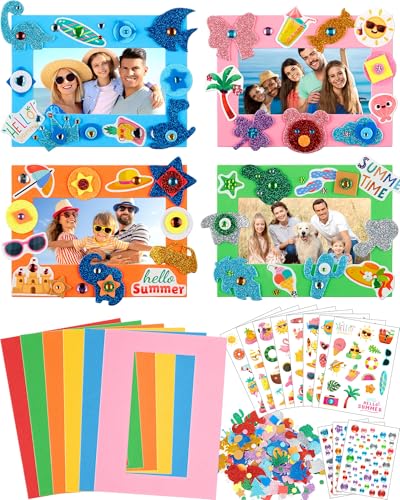 BreezeHug 48 Sets Summer Foam Picture Frame Crafts Kits Beach Pool Decorations DIY Craft Kits with Summer Hawaii Stickers for Party Holiday Exchange Gifts Art Project Supplies