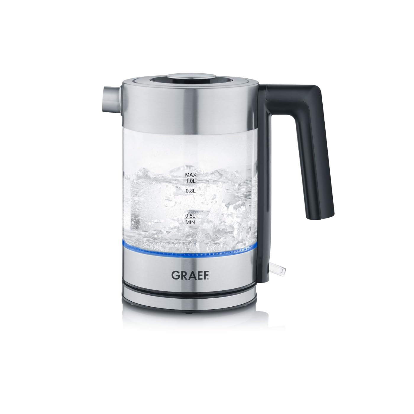 Hervidor de vidrio GRAEF WK300 - hervidor de 1 litro, vidrio SCHOTT DURAN, acero inoxidable, LED, marca de nivel de llenado, base de 360°, filtro antical, potente 2200 vatios
