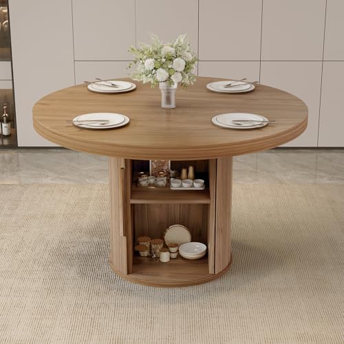 Image of HIPIHOM Round Wooden Dining Table with Storage, 43.3 inch Wood Tabletop, 2-Piece Semi-Circle Design, Pedestal Base Dining Table for Kitchen & Dining Room (Walnut Color Round Table)