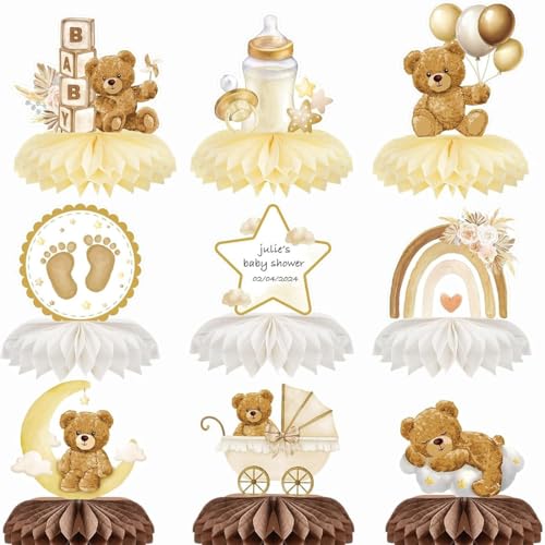 JYNVO 9 Pcs Toppers bolo Baby Shower batizo menino menina, decoração adorno bolo papel cartão cartão ursinho babador arco-íris festa aniversário nascimento Gender Reveal (castanho)