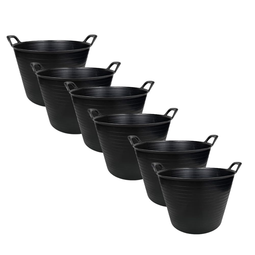Large Black Flexi Tub – Heavy Duty Flexible Rubber Storage Bucket with Handles | Multi Purpose Container for Garden Waste, DIY, Builders, Stable Feed, Home, Indoor Outdoor Use (Large 42 Liter, 6Pack)