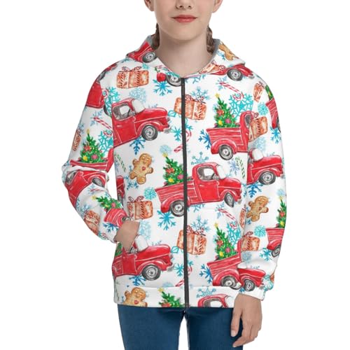 Watercolor Red Truck And Fir Tree Kid Hoodies Boys Zip Up Sweatshirts Girls Pullover with Pocket3