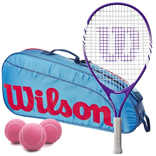 Wilson Serena Junior 21 Inch Tennis Racquet Bundled with (1) Blue/Orange Kids' 3 Pack Tennis Bag and (3) Pink Tennis Balls - Perfect Starter Set for Girls Age 5-6