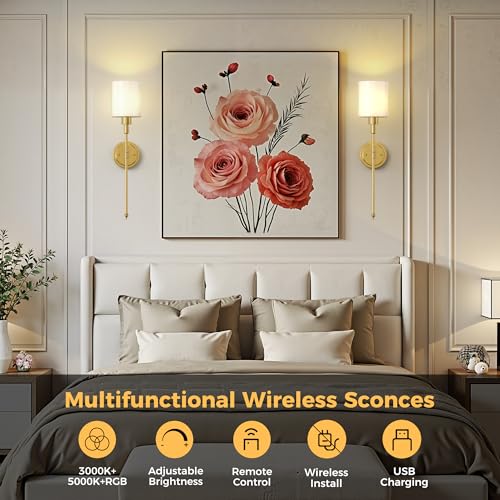 Image of DORESshop Battery Operated Wall Sconce Set of 2, Wireless Wall Light Easy to Install, 10 Color, Sconce Wall Decor Set of 2 for Bedroom, Living Room, Gold and Milky White Glass Shade, 24.3in