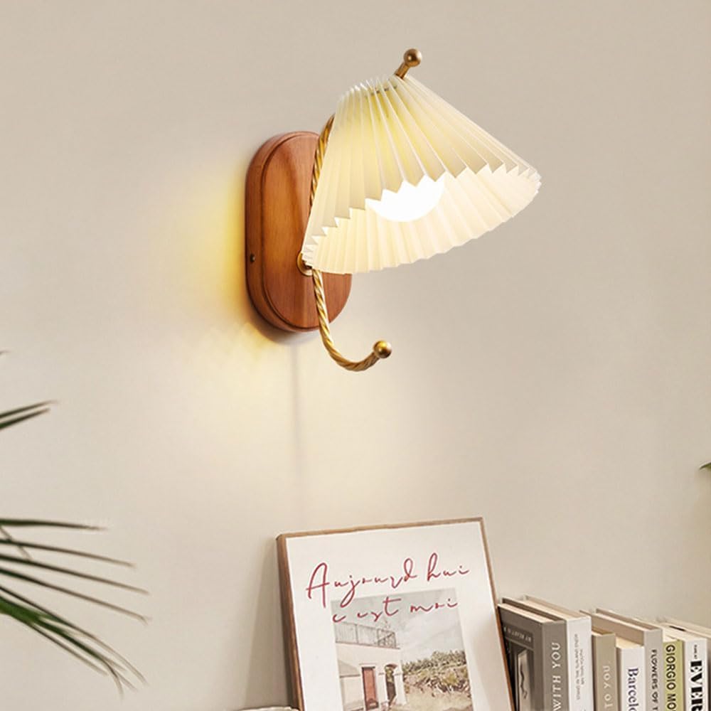 Affittuario amichevole paralume in tessuto plissettato vintage braccio dritto lampada da parete a 1 luce applique da parete in rame con filo metallico lampada da comodino in legno