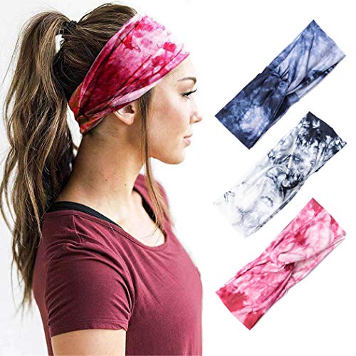 Dresbe Yoga Criss Cross Headbands Boho Tie Dye Headband Stretchy Hair Bands Twisted Head Wraps Workout Hair Accessories for Women and Girls(Pack of 3)