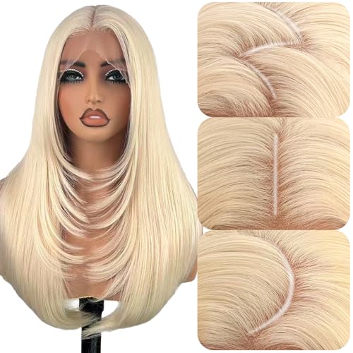 Su Mei.s 13X4 Synthetic Lace Front Wig Long Straight Glueless Wigs for Women HD lace layered Pre Plucked Hairline (613 Blonde 13X4)