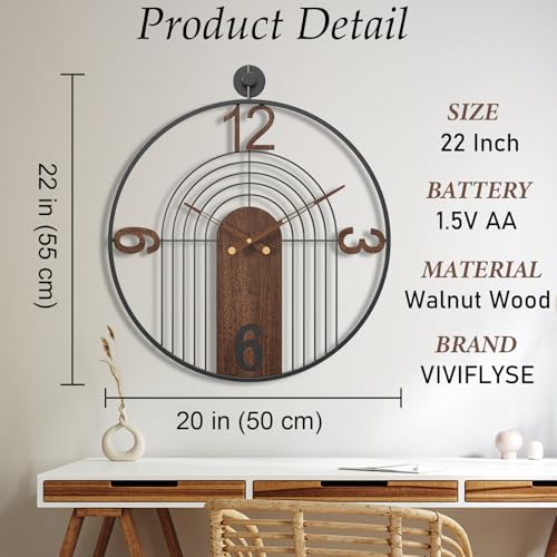 Image of Modern Large Walnut Dial Wall Clock, Wood Metal Frame Silent Non Ticking Wall Clocks Decoration for Living Room, Bedroom, Kitchen, Study, Handmade Home Decor Present Idea, 22 Inch
