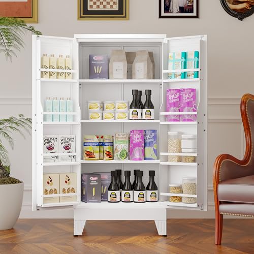 Image of GAIOUS Metal Kitchen Pantry Cabinet, Storage Cabinets with 2 Door and 3 Adjustable Shelves, White Freestanding Food Storage Cabinet, Steel Cupboard for Kitchen Dinning Room