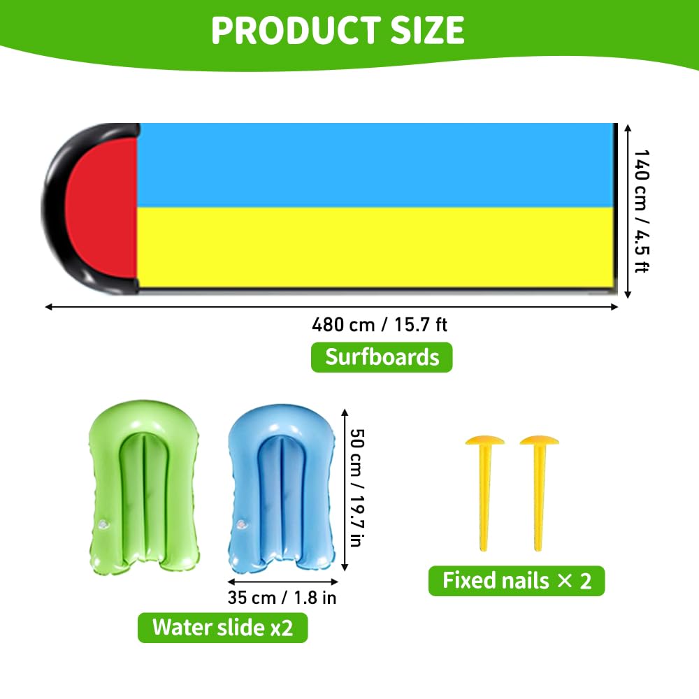 Toboggan Aquatique, 480 X 140cm Ventre Glisse avec 2 Bodyboards, Toboggan Aquatique à Double Piste avec Arroseur Intégré, Tapis de Glisse Eau Enfant Adulte pour Le Jardin, Piscine, Extérieu