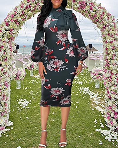 Image of Sexy Long Sleeve Dress for Women Solid Color Bow Knot Turtleneck Formal Gown Midi Casual Church Dresses
