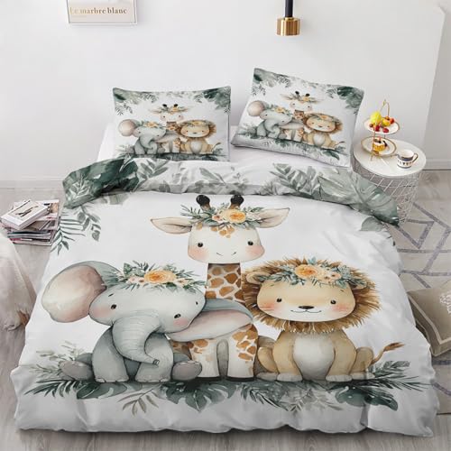 Housse de Couette 90x190 Animaux de La Jungle Parure de Lit Lion Éléphant et Girafe Mignon Enfant Réversibles Set Housse Couette Microfibre avec Fermeture...