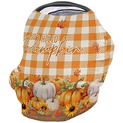 Nursing Cover for Breastfeeding Scarf, Pumpkins Sunflowers Maple Leaf Fall Orange Grid Thanksgiving Baby Car Covers Super Soft Multi Use for Canopy Shopping Cart Cover Blanket Stroller Cover