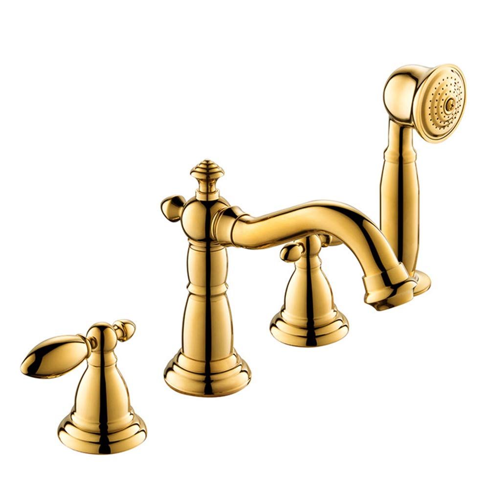 BHGFYXBS Bathtub Faucet With Hot And Cold Water Deck Mounted Brass Bathtub Shower Mixer Tap 3 Handles 5 Holes Bathtub Faucet Set With Handheld Shower,Gold,Gold