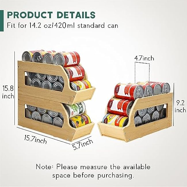Bamboo Can Organizers and Storage for Pantry, Soda Can Organizer Beverage Drink Holders, Stackable Canned Goods Organizer Can Dispenser for Pantry, Kitchen, Cabinet (2 Pack)