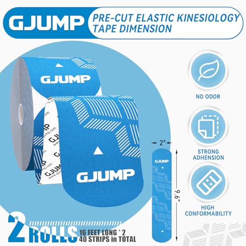 Image of Kinesiology Tape, 40 Count Precut Strips 2 Rolls Original Cotton Tape | Elastic Athletic Tape for Muscle Strain Relief & Joint Support, Latex Free Kinetic Tape, Waterproof & Breathable Sports Tape