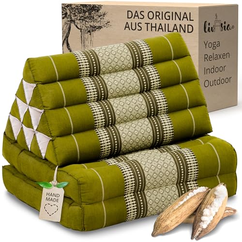 livasia Thaikissen mit 2 Auflagen - 120x50x8cm - Dreieckskissen mit Sitzkissen, Keilkissen mit Kapok, Rückenkissen faltbar, Thaimatte zum Klappen, handgefertigt, Meditationskissen (Grün)