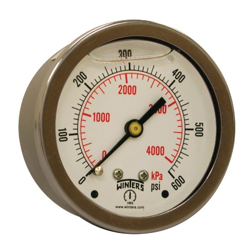 Image of Winters 2-1 /2 inch Dial Size, Liquid Filled Industrial Pressure Gauge, Brass Internals, 304 Stainless Steel Case, Dual Scale 0-600 psi /kPa, 1.5% Acc, 1 /4 inch NPT Back Mount, Glycerin Filled Pressure Gauge