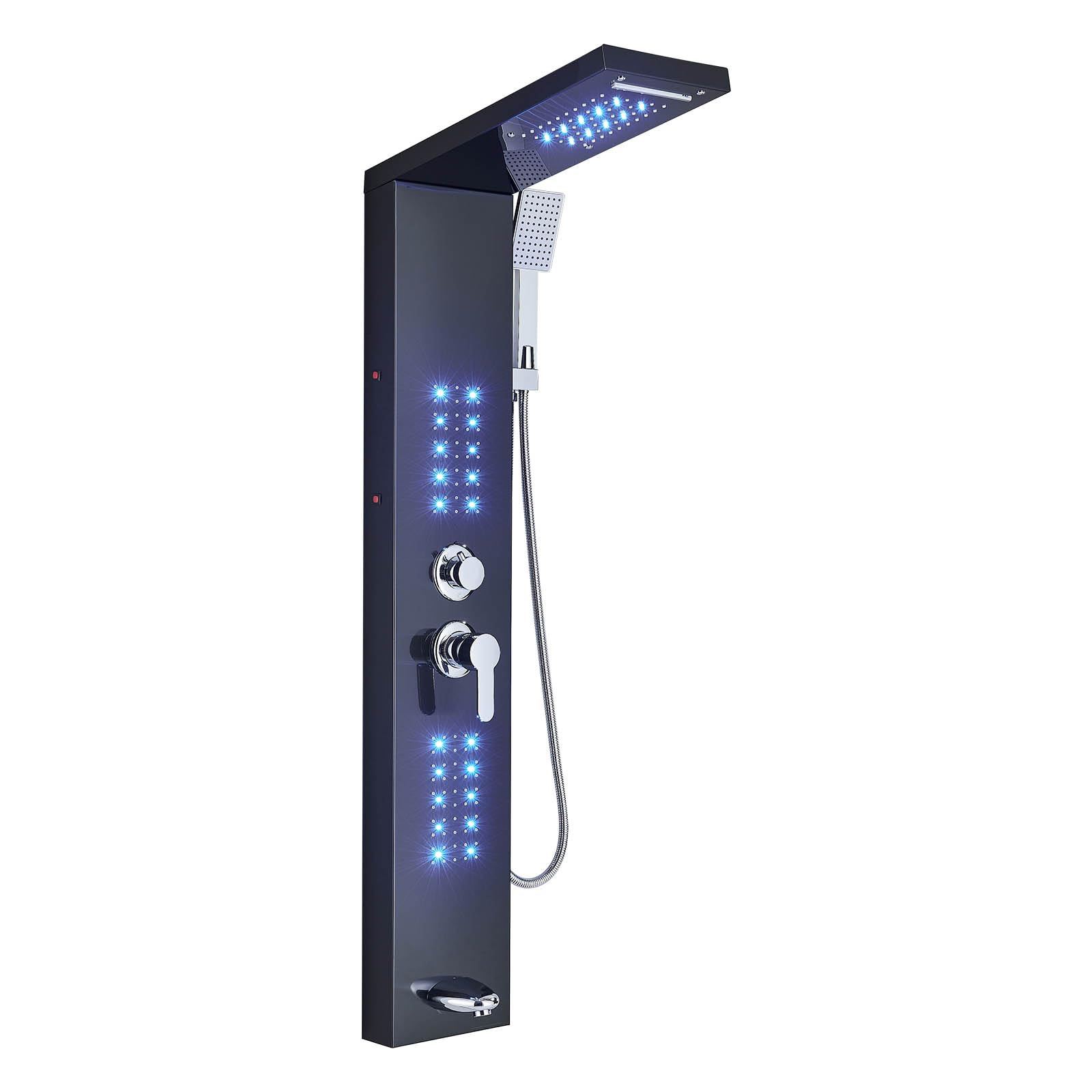 Pannello doccia a parete con sistema LED, colonna doccia multifunzionale con doccia a pioggia, cascata, massaggio, doccetta manuale, rubinetto, set completo con pannello doccia e