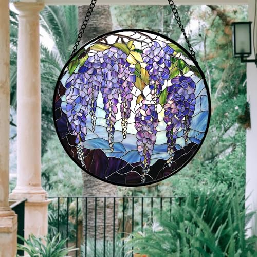 Stained Glass Window Hanging, Wisteria Flower Sun Catcher for Door Home Decor Purple and Blue Suncatcher Christmas Mother's Day Birthday Gifts for Women Men Mom and Nana 15 in4