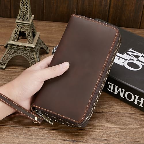 Men's genuine leather wallet, crazy horse leather retro long wallet, hand-held, wrapped in leather, leather wallet, men's wallet clip2